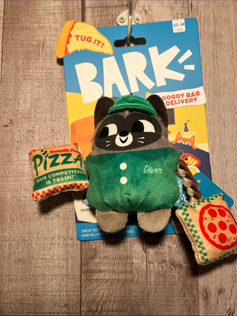 New BARK Plush Tug Toy with Squeaker -Raccoon Pizza Delivery